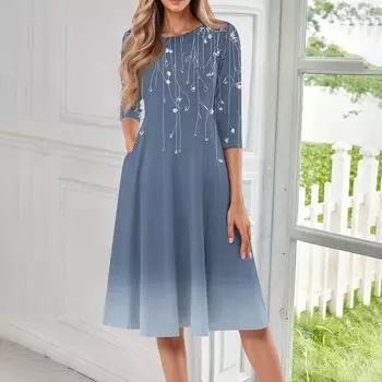 Женское повседневное модное платье миди с круглым вырезом и рукавом три четверти L синий