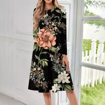 Женское повседневное модное платье миди с круглым вырезом и длинными рукавами L армия зеленый