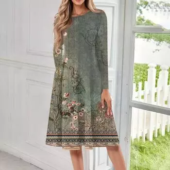 Женское повседневное модное платье миди с круглым вырезом и длинными рукавами L армия зеленый