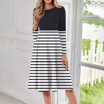 Женское повседневное модное платье миди с круглым вырезом и длинными рукавами L чёрный