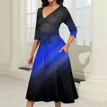 Женское повседневное модное платье миди с V-образным вырезом и рукавом три четверти L синий