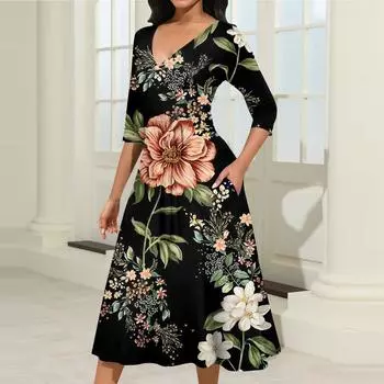 Женское повседневное модное платье миди с V-образным вырезом и рукавом три четверти L армия зеленый