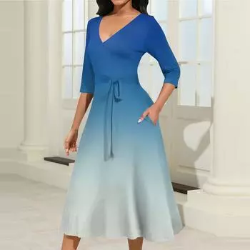 Женское повседневное модное платье миди с V-образным вырезом и рукавом три четверти L синий