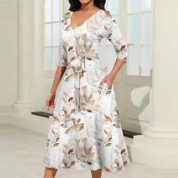 Женское повседневное модное платье миди с V-образным вырезом и рукавом три четверти L бежевый