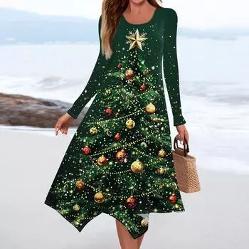 Женское повседневное модное платье миди с круглым вырезом и длинным рукавом с принтом и неровным подолом L армия зеленый