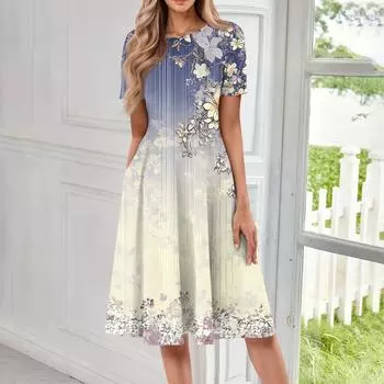 Женское повседневное модное платье миди с круглым вырезом и коротким рукавом с принтом L