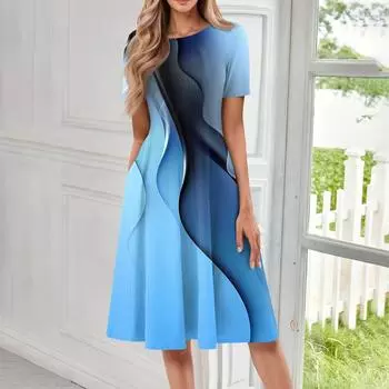 Женское повседневное модное платье миди с круглым вырезом и коротким рукавом с принтом L синий