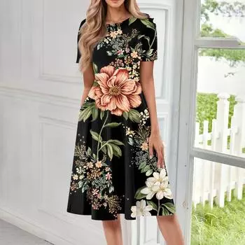 Женское повседневное модное платье миди с круглым вырезом и коротким рукавом с принтом L армия зеленый