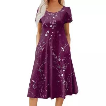 Женское повседневное модное платье миди с круглым вырезом и коротким рукавом, модное свадебное платье для гостей L темно-фиолетового
