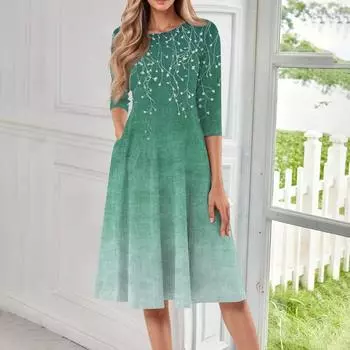 Женское повседневное модное платье миди с круглым вырезом и рукавом три четверти L армия зеленый