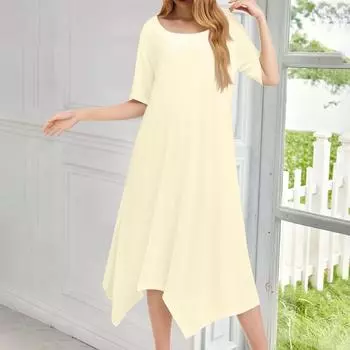 Женское повседневное модное платье миди с круглым вырезом и коротким рукавом, однотонное, с неровным подолом L бежевый