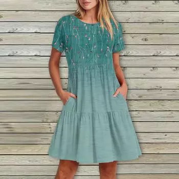 Женское повседневное модное платье-миди с круглым вырезом и коротким рукавом с принтом и карманом M бирюзовый