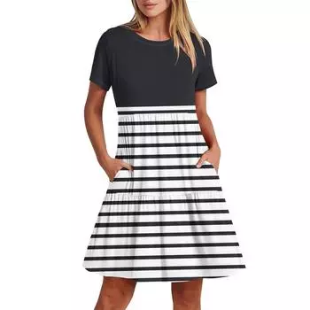 Женское повседневное модное платье-миди с круглым вырезом и коротким рукавом с принтом и карманом S