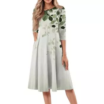 Женское повседневное модное платье миди с круглым вырезом и рукавом три четверти с цветочным принтом L армия зеленый