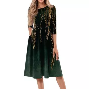 Женское повседневное модное платье миди с круглым вырезом и рукавом три четверти с цветочным принтом L армия зеленый