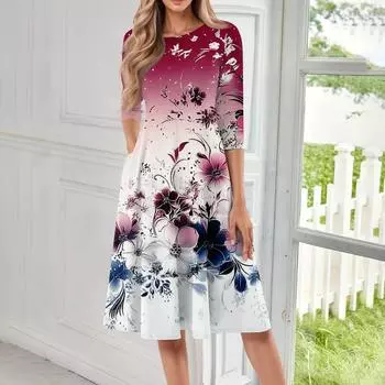 Женское повседневное модное платье миди с круглым вырезом и рукавом три четверти L розовый