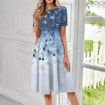 Женское повседневное модное платье миди с круглым вырезом и коротким рукавом с принтом L