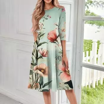 Женское повседневное модное платье миди с круглым вырезом и рукавом три четверти XL зелёный