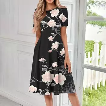 Женское повседневное модное платье миди с круглым вырезом и коротким рукавом с принтом L чёрный