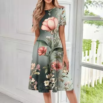 Женское повседневное модное платье миди с круглым вырезом и коротким рукавом с принтом XXL