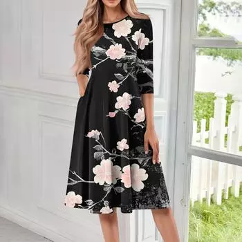 Женское повседневное модное платье миди с круглым вырезом и рукавом три четверти L чёрный