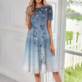 Женское повседневное модное платье миди с круглым вырезом и коротким рукавом с принтом S