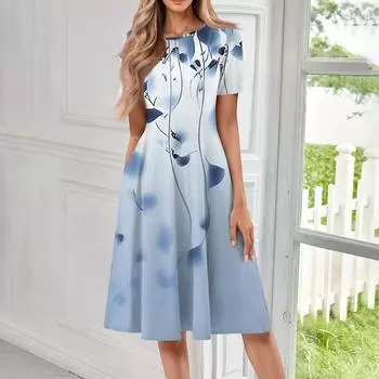Женское повседневное модное платье миди с круглым вырезом и коротким рукавом с принтом XXL синий
