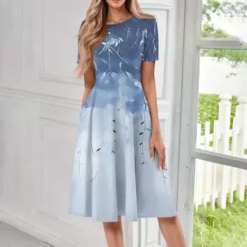 Женское повседневное модное платье миди с круглым вырезом и коротким рукавом с принтом XXL