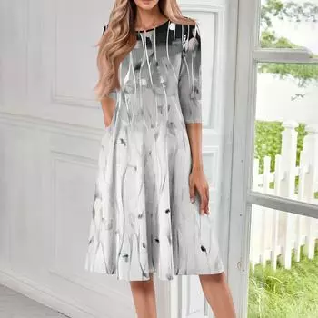 Женское повседневное модное платье миди с круглым вырезом и рукавом три четверти M