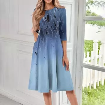 Женское повседневное модное платье миди с круглым вырезом и рукавом три четверти XL синий