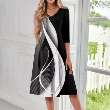 Женское повседневное модное платье миди с V-образным вырезом и рукавом три четверти XL чёрный