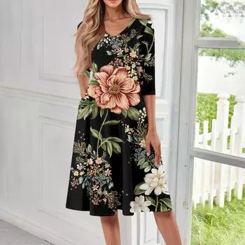 Женское повседневное модное платье миди с V-образным вырезом и рукавом три четверти L