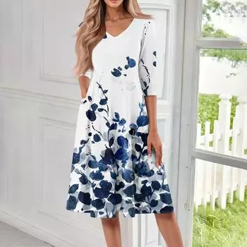 Женское повседневное модное платье миди с V-образным вырезом и рукавом три четверти L