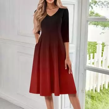 Женское повседневное модное платье миди с V-образным вырезом и рукавом три четверти XL винный