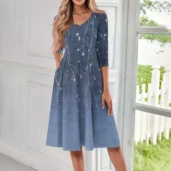 Женское повседневное модное платье миди с V-образным вырезом и рукавом три четверти S синий