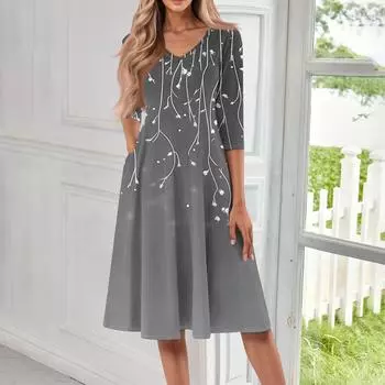 Женское повседневное модное платье миди с V-образным вырезом и рукавом три четверти L