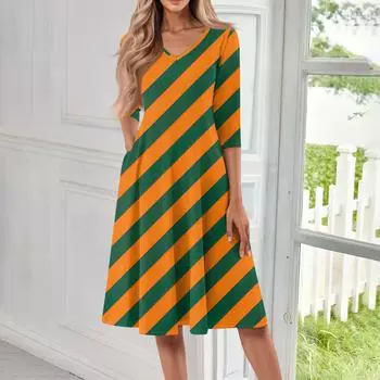 Женское повседневное модное платье миди с V-образным вырезом и рукавом три четверти M оранжевый