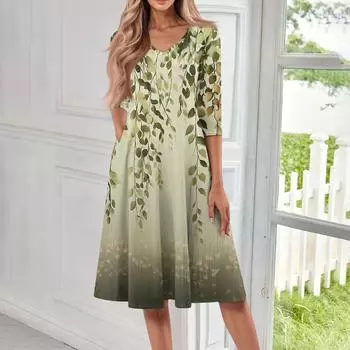 Женское повседневное модное платье миди с V-образным вырезом и рукавом три четверти M жёлтый