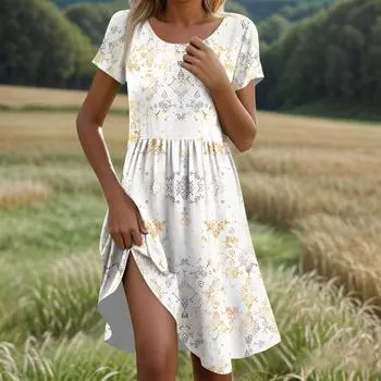 Женское повседневное модное платье миди с круглым вырезом и коротким рукавом в стиле ретро с принтом M бежевый