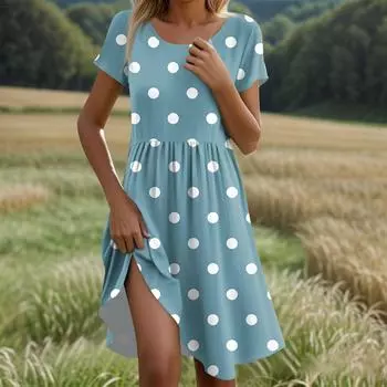 Женское повседневное модное платье миди с круглым вырезом и коротким рукавом в стиле ретро с принтом S