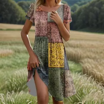 Женское повседневное модное платье миди с круглым вырезом и коротким рукавом в стиле ретро с принтом S