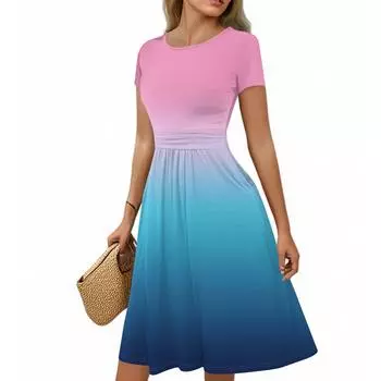 Женское повседневное модное платье миди с круглым вырезом, плиссированными короткими рукавами, градиентной А-силуэтной юбкой XL розовый
