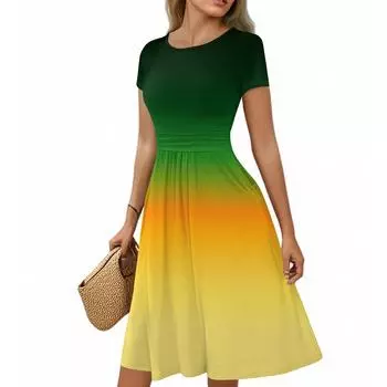 Женское повседневное модное платье миди с круглым вырезом, плиссированными короткими рукавами, градиентной А-силуэтной юбкой S