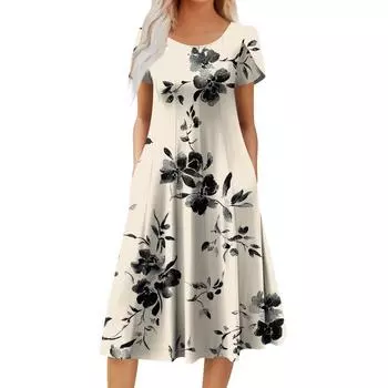 Женское повседневное модное платье миди с круглым вырезом и коротким рукавом, модное свадебное платье для гостей M бежевый