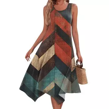 Женское повседневное модное платье миди с круглым вырезом без рукавов и принтом, неровным подолом, платье миди с подолом L