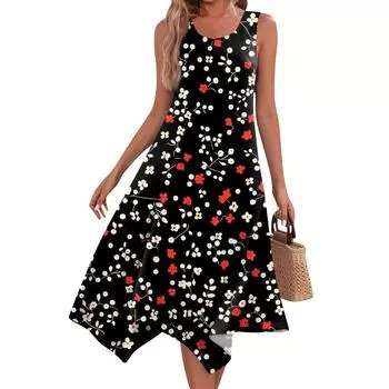 Женское повседневное модное платье миди с круглым вырезом без рукавов и принтом, неровным подолом, платье миди с подолом M красный