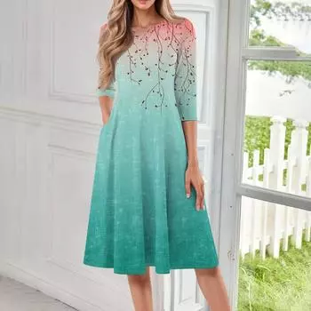 Женское повседневное модное платье миди с круглым вырезом и рукавом три четверти XXL циан