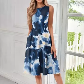 Женское повседневное модное платье миди с цветочным принтом и круглым вырезом без рукавов M