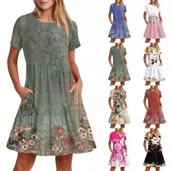 Женское повседневное модное платье-миди с круглым вырезом и коротким рукавом с принтом и карманом L чёрный