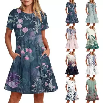 Женское повседневное модное платье-миди с круглым вырезом и коротким рукавом с принтом и карманом L